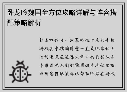 卧龙吟魏国全方位攻略详解与阵容搭配策略解析